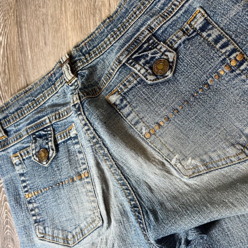 GLO Flare Jeans Womens 25 Blue Paint Splatter Low Rise Y2K Grunge Denim Boho - Picture 7 of 13